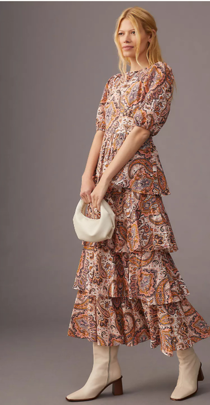 Anthropologie Kachel Tiered Ruffle Maxi Dress Size Medium Pink Paisley Boho Art‎